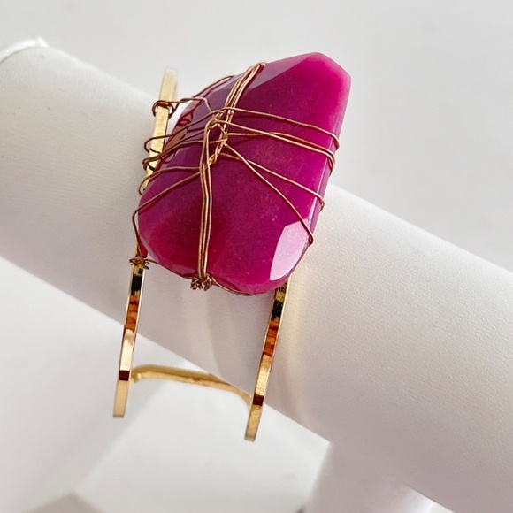 Wire Wrapped Pink Agate Stone Cuff Bracelet Gold Tone Bracelet - Picture 8 of 9